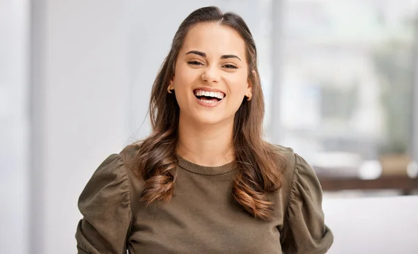 Happy Career Cropped Portrait Attractive Young Businesswoman Laughing While Standing — стоковое фото