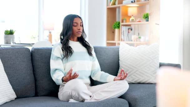 Young Zen Woman Doing Calming Meditation While Sitting Couch Alone — Vídeos de Stock