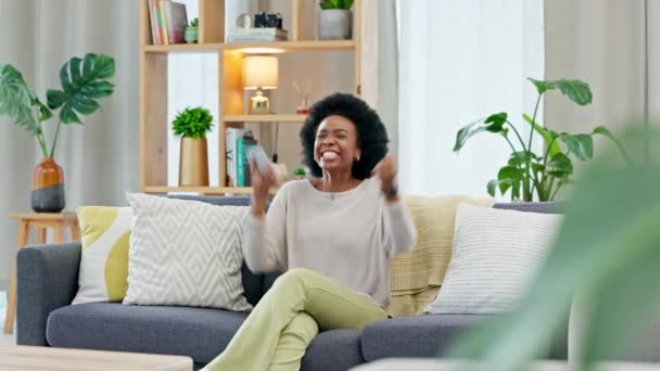 African Woman Celebrating New Job While Sitting Home Couch Young — Stock video