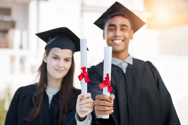 Our Ticket Success Here Portrait Young Man Woman Celebrating Diplomas — Foto Stock