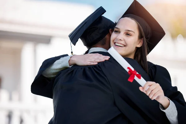 Proud Young Woman Hugging Her Friend Graduation Day — Foto Stock