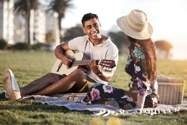 Wrote One You Young Man Playing Guitar While Picnic His — Photo