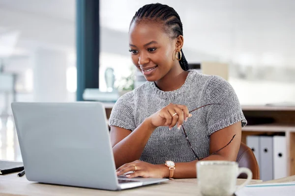 Great News Always Finds Young Businesswoman Working Her Laptop — Stockfoto