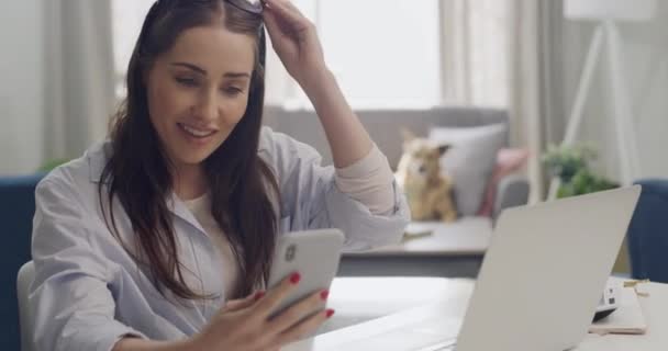 Happy Woman Home Smiling Receiving Good News Excited Female Celebrating — Video