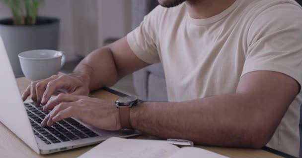 Male Student Typing Online Assignment Laptop Home Aspiring Writer Language — Vídeo de Stock