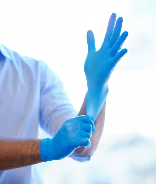Get Those Gloves Get Work Unrecognisable Dentist Putting Rubber Gloves — Foto Stock