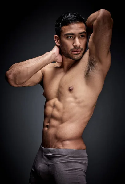Muscles Win Ladies Handsome Young Man Standing Alone Posing Shirtless — Foto Stock