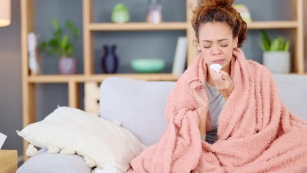 Sick Woman Suffering Flu While Lying Sofa Home Young Female — Stockvideo