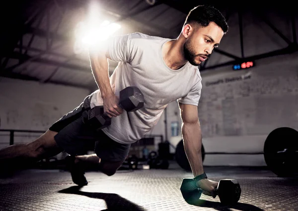 Motivation Determines What You Muscular Young Man Exercising Dumbbell Gym — Stok fotoğraf