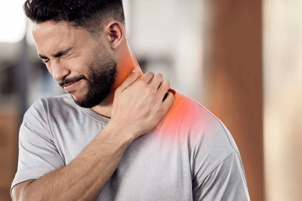 Pain Gain Muscular Young Man Holding His Neck Pain While — Foto de Stock