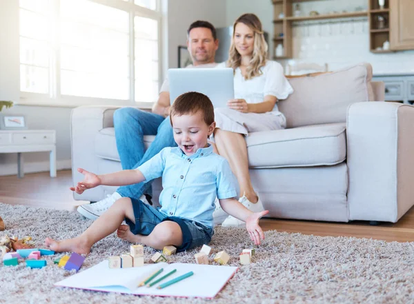 Supportive Family What Builds Home Boy Playing His Toys While — Photo