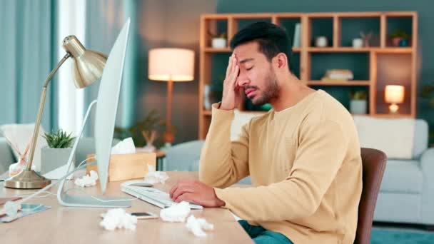 Tired Man Suffering Covid Fatigue Trying Meet Work Deadline Sick — 图库视频影像