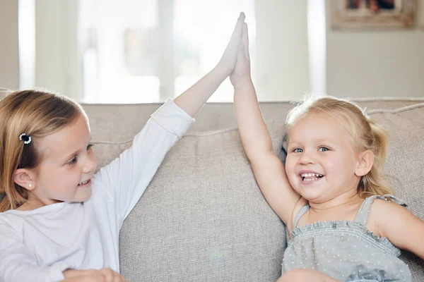 Family Faces Magic Mirrors Two Sisters Together Sofa Home — Foto Stock