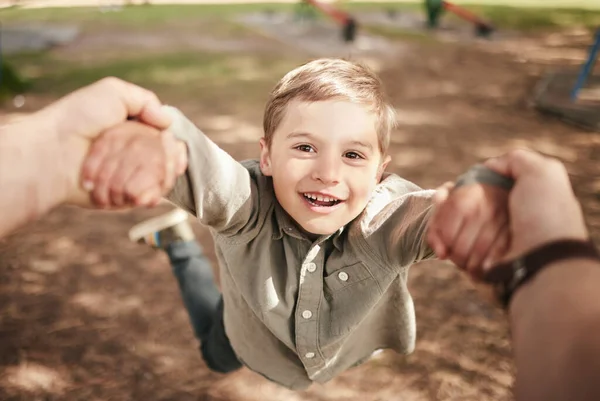 Close Face Happy Caucasian Boy Swinging Spinning Circles Arms Park —  Fotos de Stock