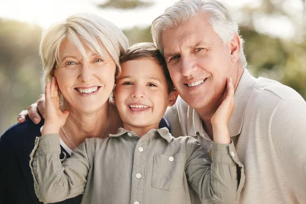 Portrait Loving Caucasian Grandparents Enjoying Time Grandson Nature Smiling Little —  Fotos de Stock