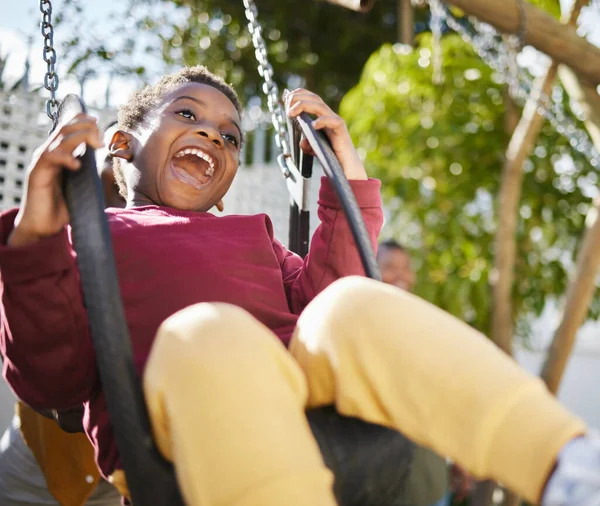 Happiness Day Park Adorable Little Boy Having Fun Swing —  Fotos de Stock