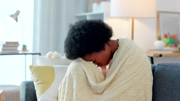Depressed Woman Having Mental Breakdown Woman Sick Flu Couch Home — стоковое видео