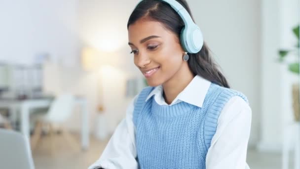 Trendy Young Business Woman Headphones Listening Music While Working Laptop — Stockvideo