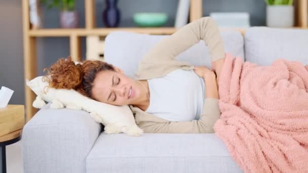 Sick Female Her Menstrual Period Experiencing Cramps Discomfort Ibs Caucasian — стоковое видео