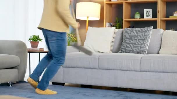 Making Cleaning Chores Fun Dancing While Sweeping His Lounge One — Wideo stockowe