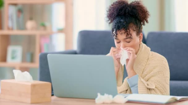 Sick Business Woman Using Laptop Drinking Cup Coffee While Suffering — Vídeos de Stock