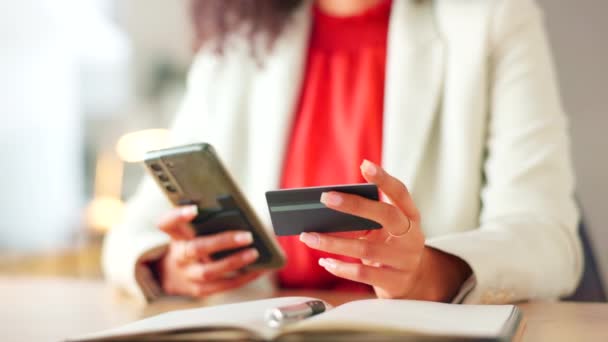 Closeup Womans Hands Holding Phone Credit Card Blurry Background Copy — стоковое видео