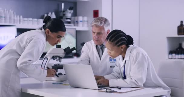 Wetenschappers Werken Aan Een Laptop Een Medisch Onderzoekslaboratorium Terwijl Een — Stockvideo