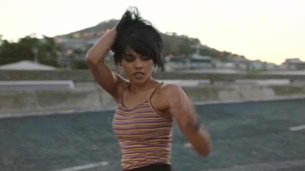 Portrait Confident Hip Hop Dancer Dancing City Street Sunset Closeup — Video