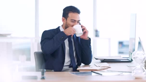 Business Man Talking Planning Phone Call Client While Drinking Coffee — Vídeo de Stock