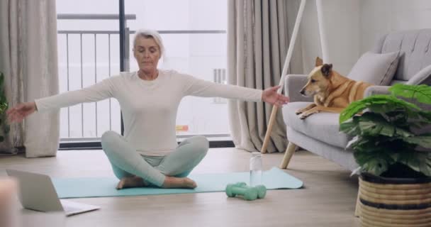 Woman Watching Meditation Class Laptop Holistic Breathing Exercises Self Care — Αρχείο Βίντεο