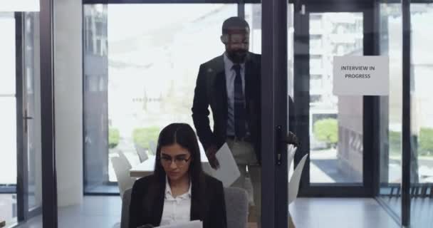 Video Footage Businessman Calling Woman Boardroom Her Interview — Stockvideo