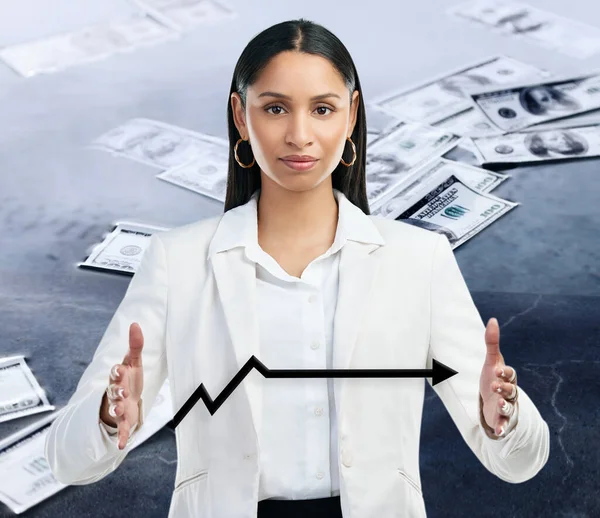 Opportunity is missed by most people. a young business woman showing a graph against a cgi background of money