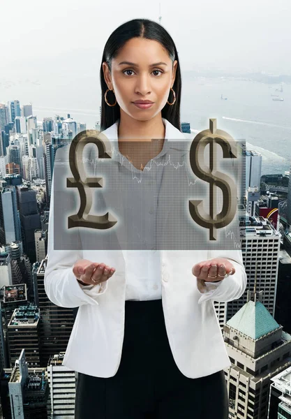 An investment in knowledge pays the best interest. a young business woman advertising currency against a city background