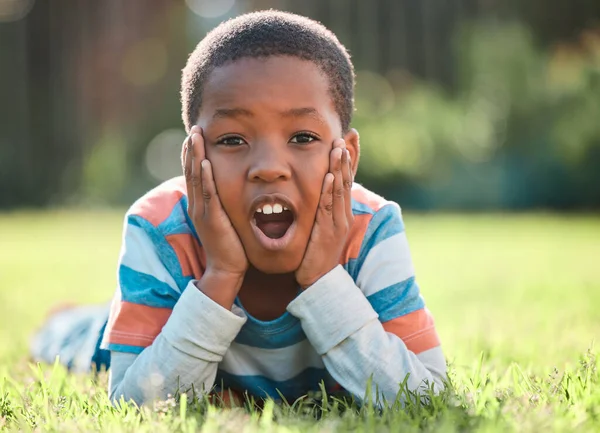 Wasnt Expecting Young Boy Lying Grass — Stockfoto