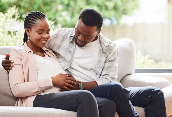 You Loved Affectionate Young Couple Parents Sitting Sofa Home —  Fotos de Stock