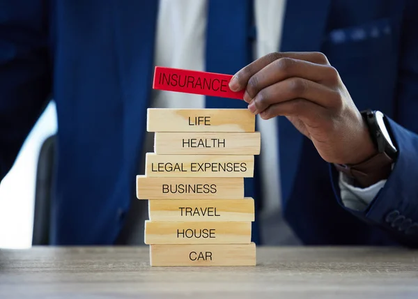 Its Worth Insure Unrecognisable Businessman Assembling Wooden Blocks Insurance Related — Stok fotoğraf