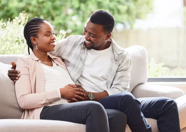 How Weve Waited You Affectionate Young Couple Parents Sitting Sofa — Stockfoto