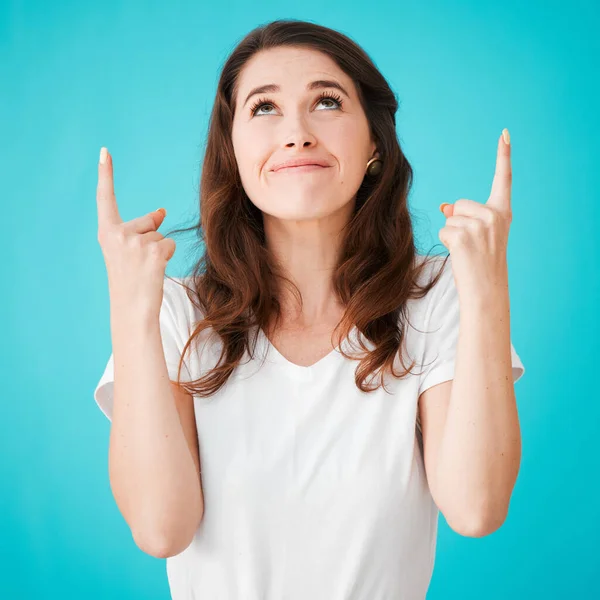 Its Gods Hands Now Studio Shot Attractive Young Woman Pointing — ストック写真