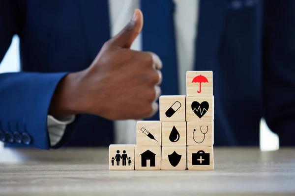 Dont Just Sure Insured Unrecognisable Businessman Assembling Wooden Blocks Insurance — Stock Photo, Image