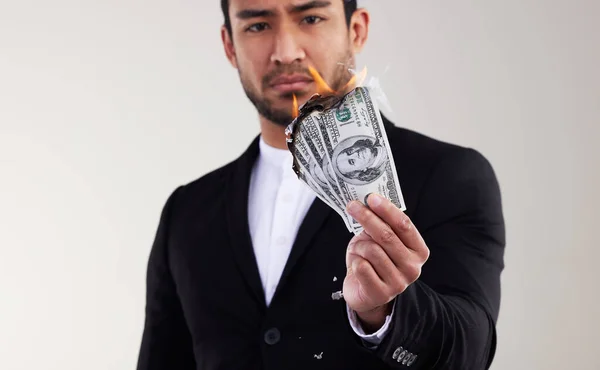 Money Root All Evil Studio Shot Young Businessman Burning Banknote —  Fotos de Stock