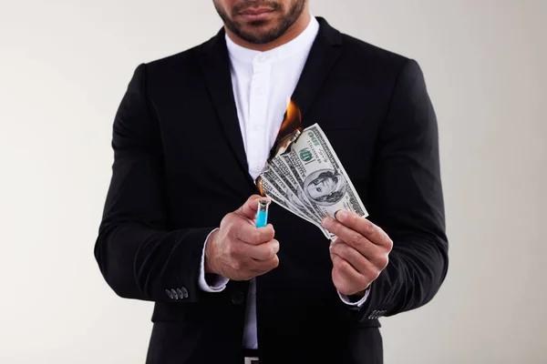 Ive Got Money Burn Studio Shot Unrecognisable Businessman Burning Banknote — Stok fotoğraf