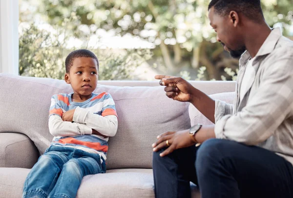 You Cant Behave Little Boy Being Scolded His Father Home — Stock Photo, Image