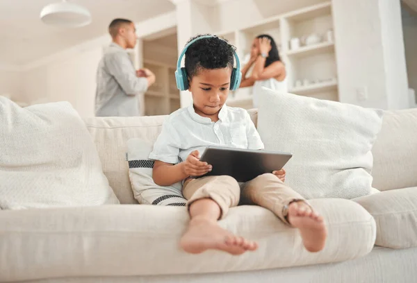 Youve Failed Your Family Little Boy Wearing Headset Using Digital — Stock Photo, Image