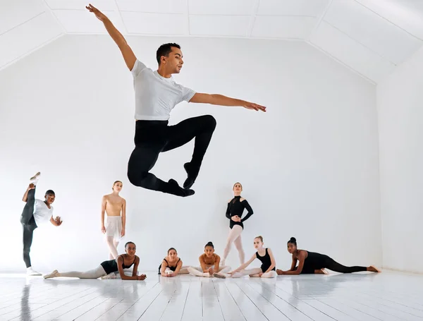 Dancing His Passion Full Length Shot Diverse Group Ballet Students — ストック写真
