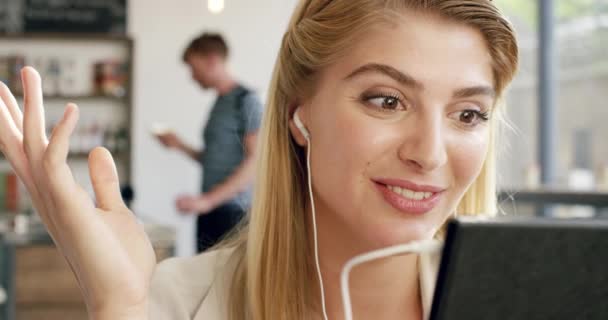 Video Footage Attractive Young Woman Sitting Alone Cafe Using Digital — Vídeos de Stock