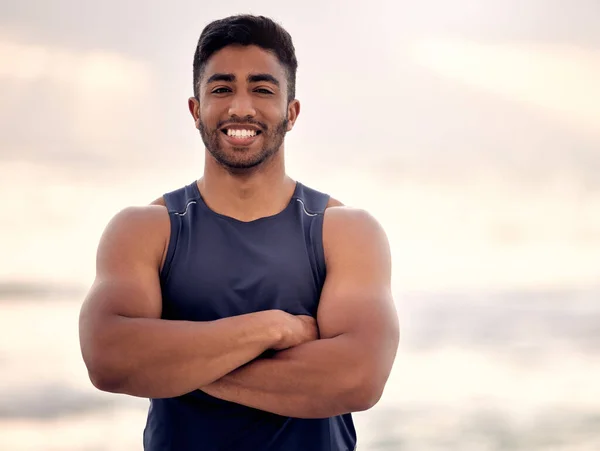 Forever Fit Motto Portrait Sporty Young Man Standing His Arms — Stockfoto