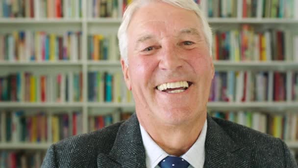 Portrait Senior Man Laughing Smiling While Standing Library Face Mature — 비디오