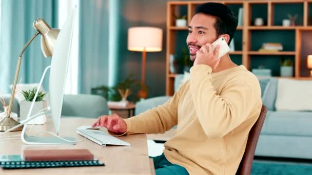 Young Specialist Talking Phone Call While Working Desktop Computer Alone — Stock videók