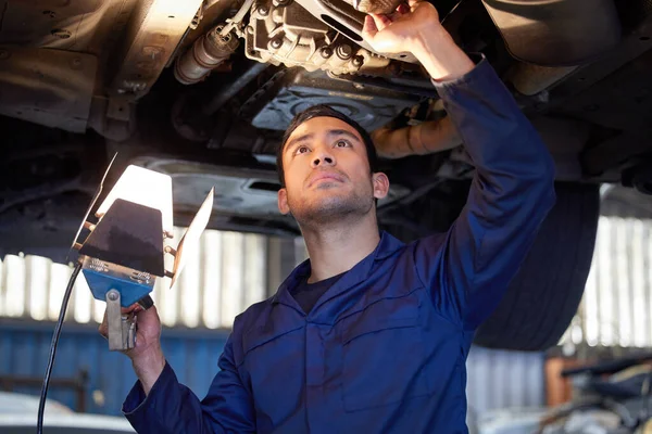 Taking Closer Look Handsome Young Male Mechanic Working Engine Car — Fotografia de Stock