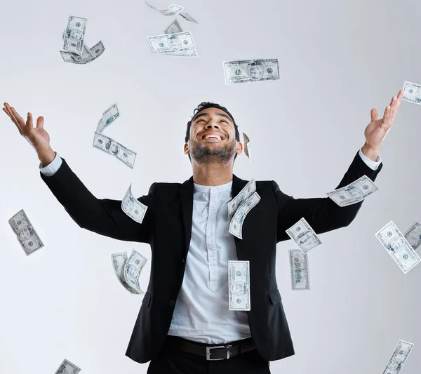 Who Has Much Rich Studio Shot Well Dressed Man Tossing — Stock Photo, Image